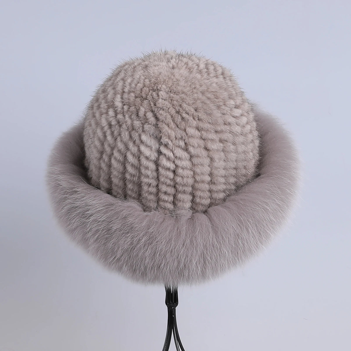 Women's Winter Warm Genuine Premuim Mink Fur Knitted Bucket Hat Furry Real Fur Caps Big Fox Fur Trim Brim Adjustable