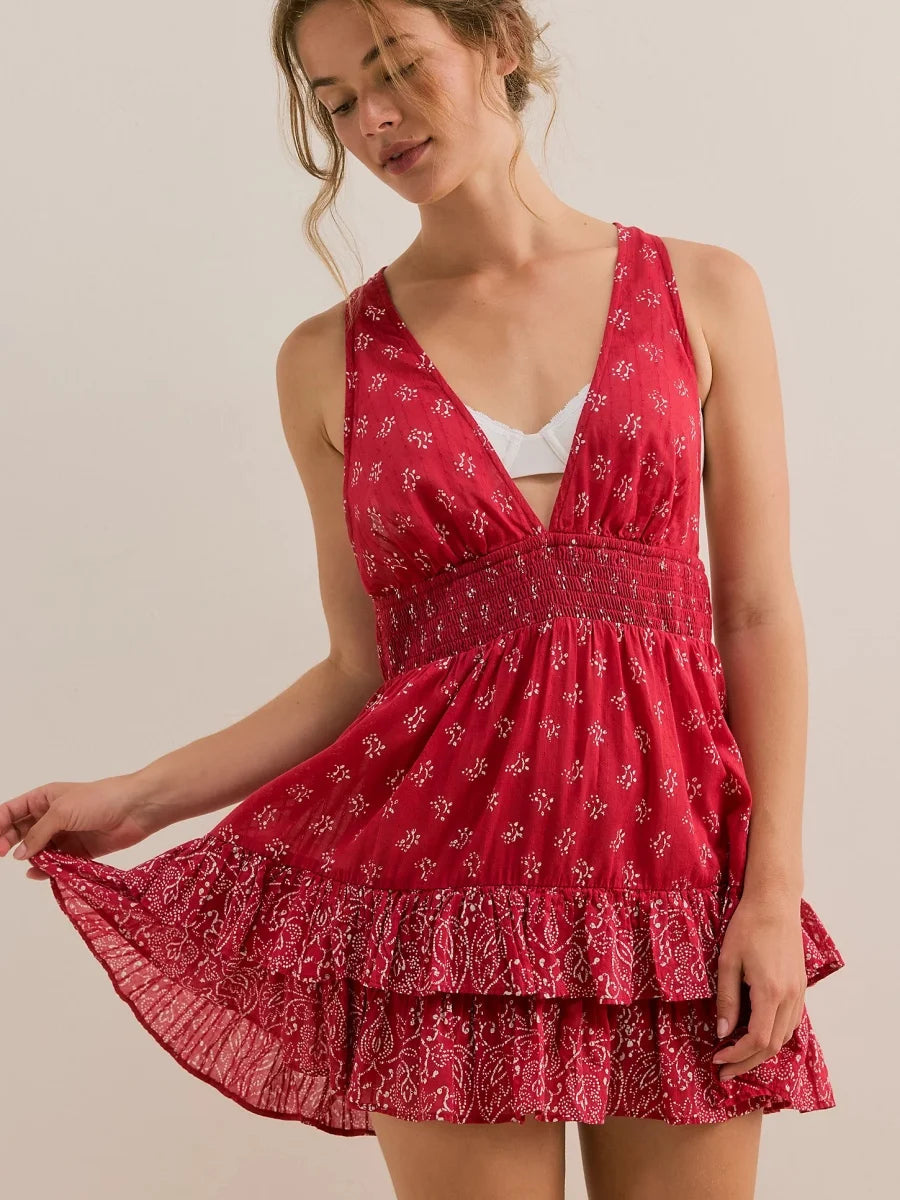 Women Summer Boho Floral Halter Mini Dress Deep V neck Flowy Short Sling Dress Sleeveless Low Cut Holiday Sundress