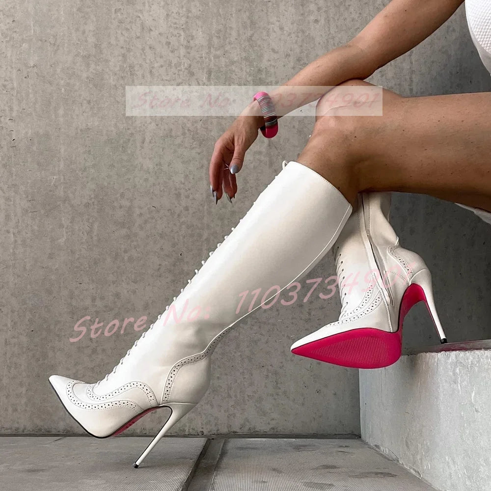 Pink Sole Zipper Knee Length Boots Women Sexy Nightclub Lace Up Pointy Toe High Heels Boots Lady Party Nifty Punk Fashion Shoes