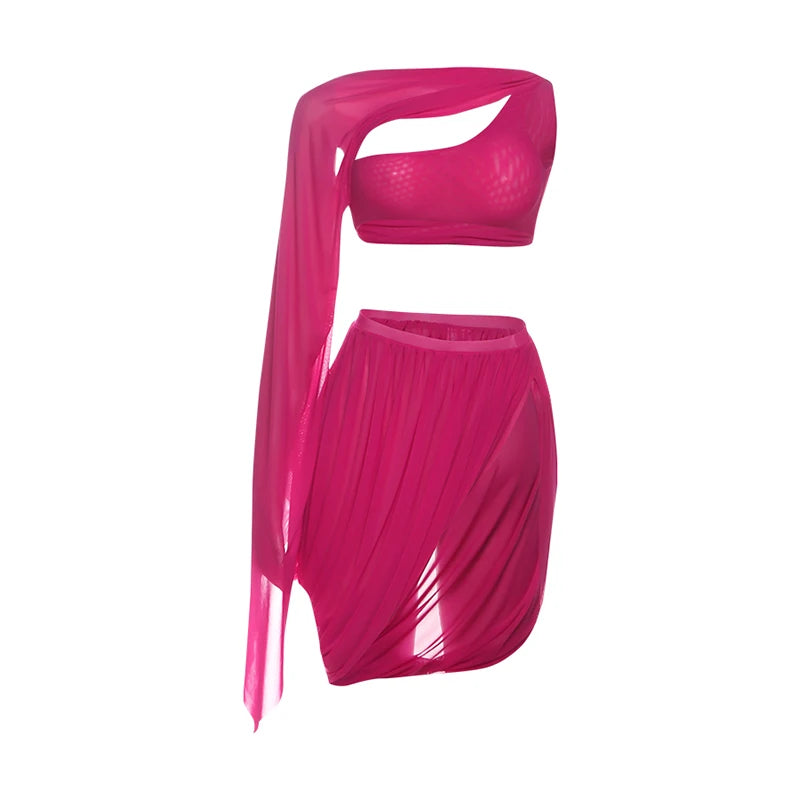 Y2K Sexy 2 Piece Set Women See Through Midnight Irregular Full Sleeve Crop Tops+Ruched Split Skirts Matching Clubwear