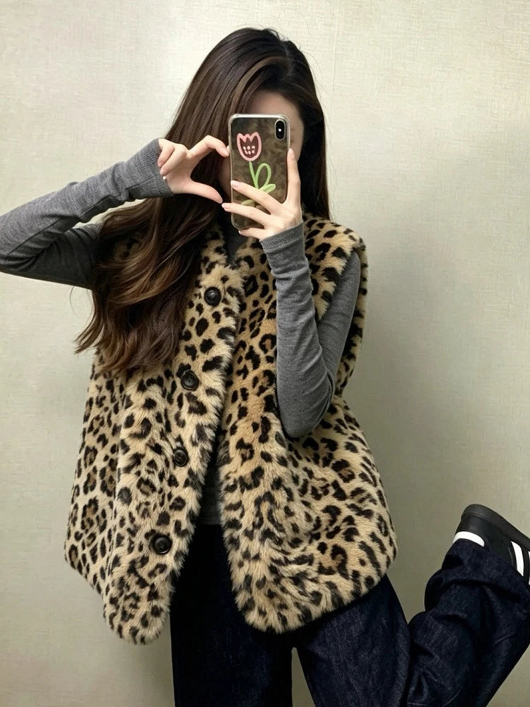 Faux Fur Y2K Leopard Vest Women Loose Vintage Winter Warm O Neck Streetwear Vests Casual Harajuku American Retro Lady Vest Coat