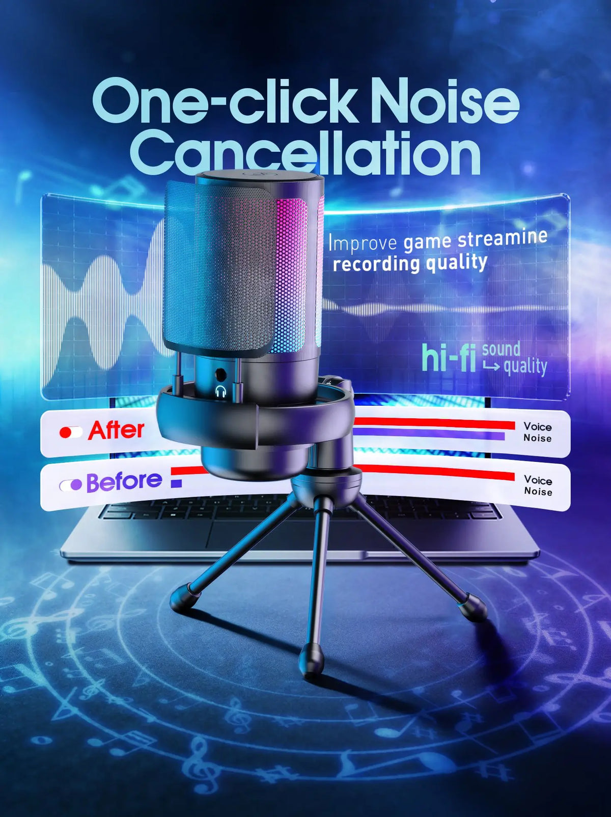 Gaming PC USB Microphone, Podcast Condenser Microphone, Mute Button, Gain Control For Live Chat, RGB PC Microphone For Live Gami