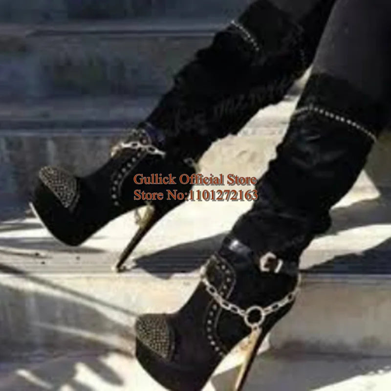 Fashion Gold Chain Strap Studded Knee High Boots Round Toe Black Suede Stretch Fabric Platform Stiletto Heels Boots