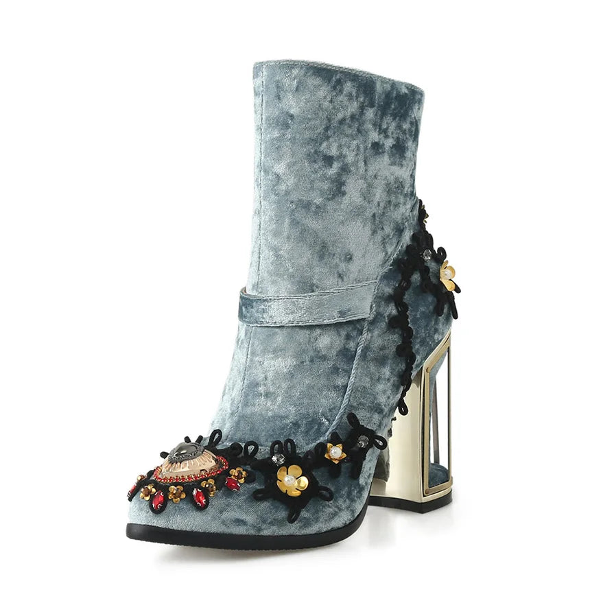 Blue Ladies Party Shoes Velvet Crystal Women's Short Boots For Wedding Plus Size Retro Strange Heels Phoentin FT1671-1