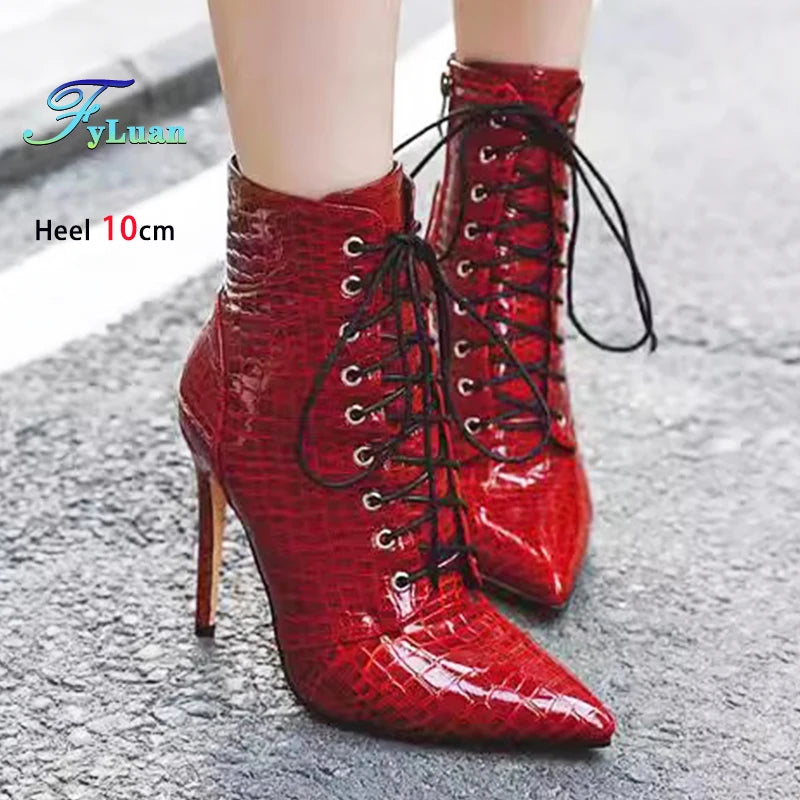 12CM Stiletto Heels Botas Mujer Fashion Pointed Lace-up Ankle Boots Roman Ladies Shoes Autumn Winter Women Emboss Short Booties