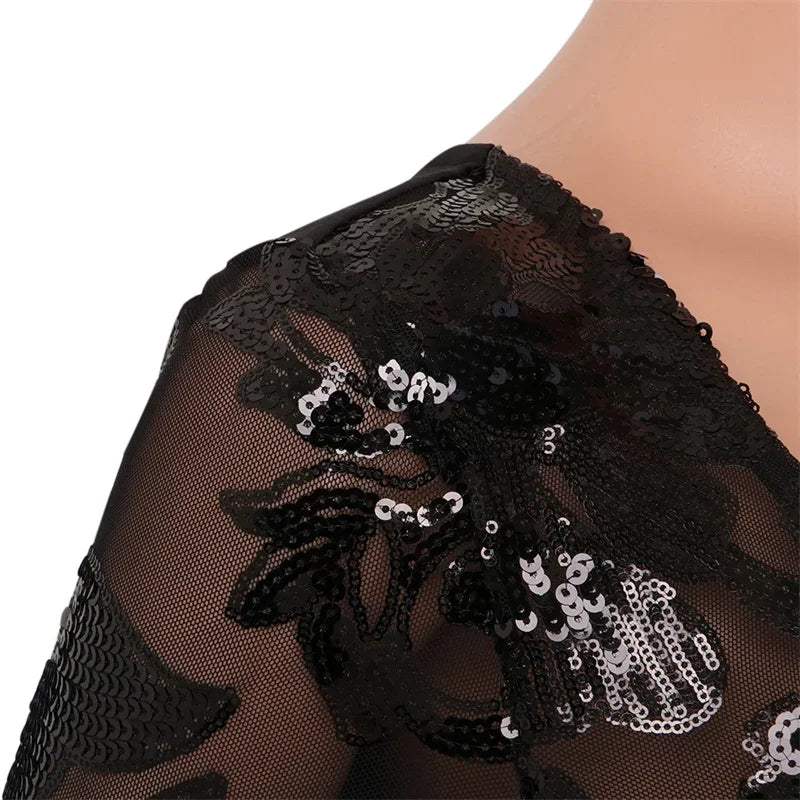 Sparkly Party Night Sequin Jumpsuit Women Overalls Long Sleeve Mesh See Through Patchwork Bodycon Rompers and Jumpsuits Clubwear