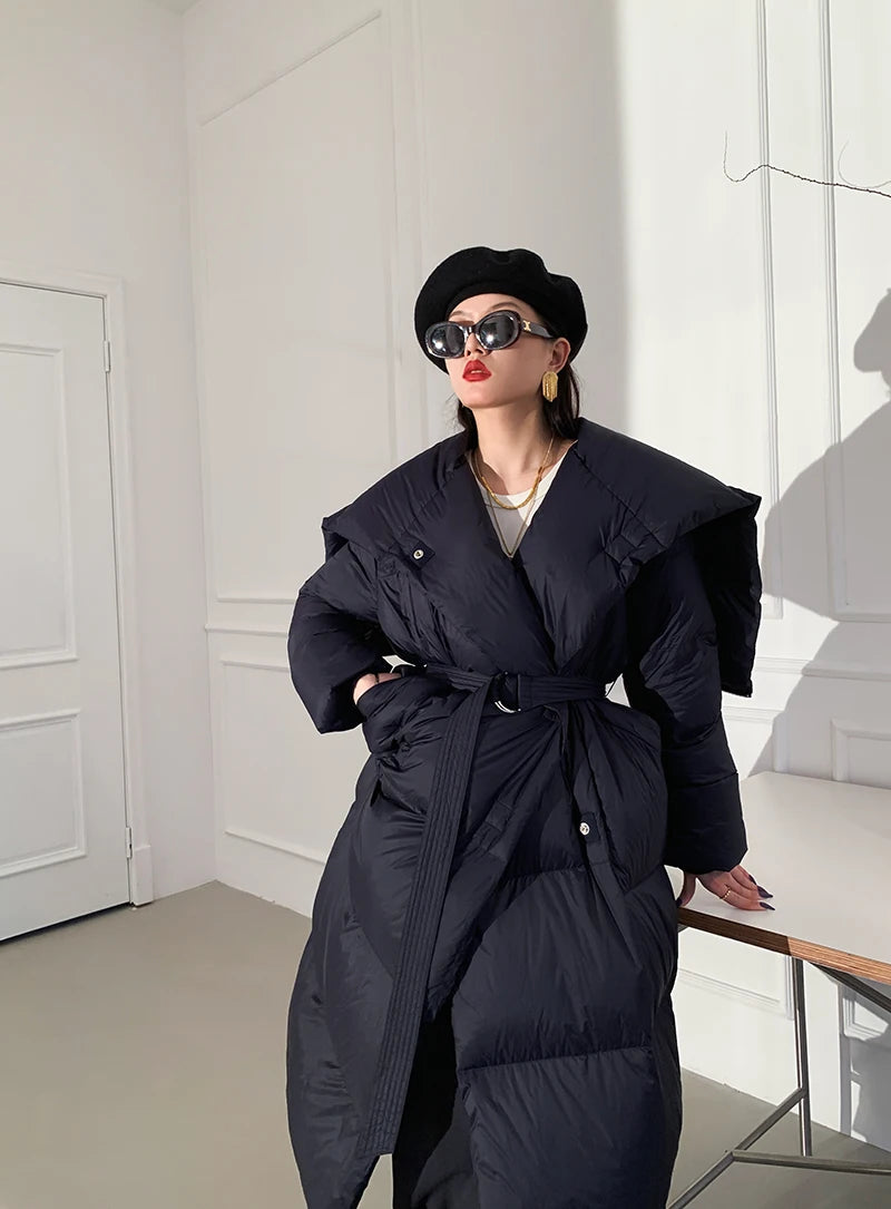 High end Ultra long White goose down Jacket For women Winter 2025 New Fashion Down Coat Female Thicken Parka Overcoat with belt