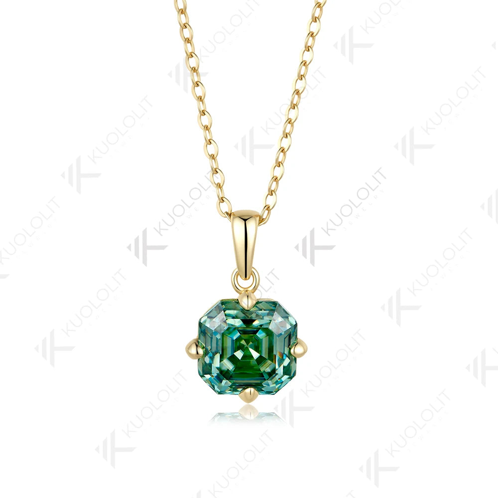 Kuololit 3.5CT Asscher Cut Cyan Moissanite Custom Necklace for Women Solid 585 14K 10K Yellow Gold Necklace for Christmas Gifts