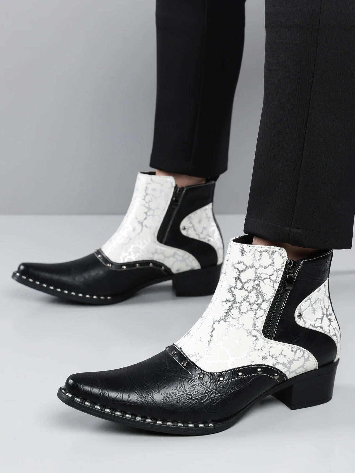 QRLQRL Men Black White Two‑Tone Western Ankle Boots Cracked Leather Panel Side Zipper Pointed Toe Cuban Heel Boots