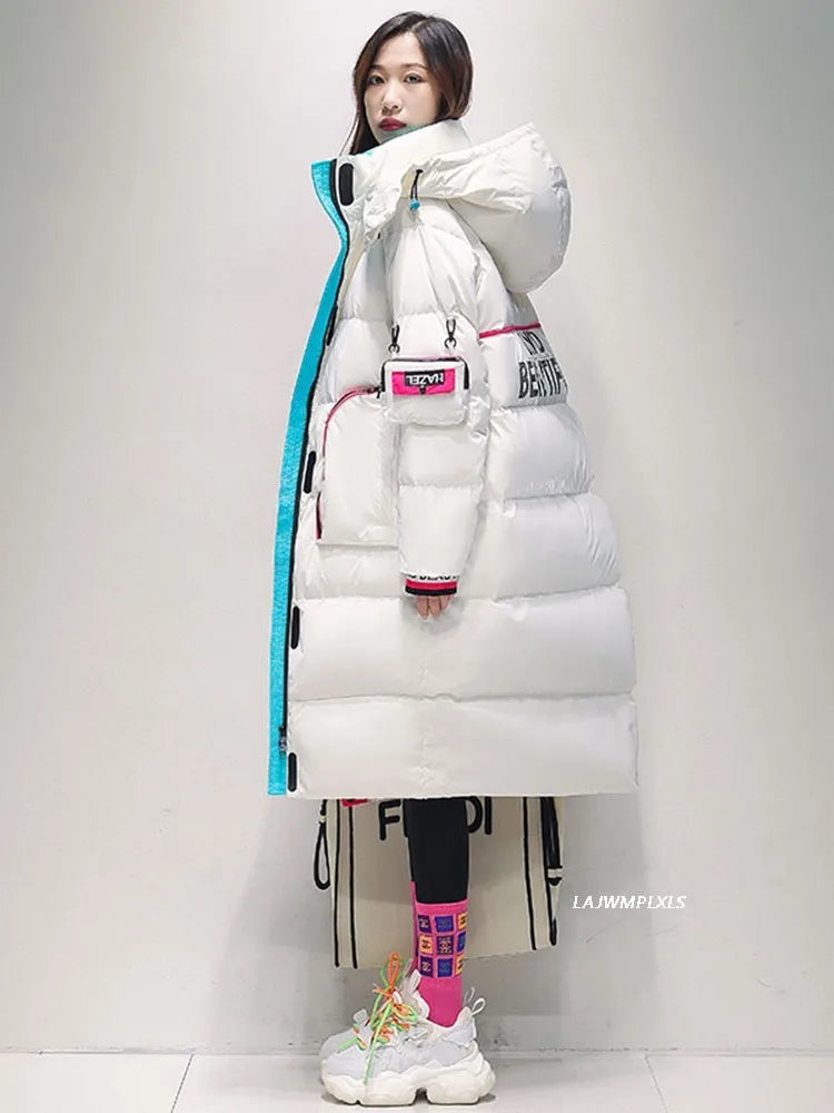 2025 Winter Glossy Waterproof X-long 90% White Duck Down Coat Women Thick Loose Outerwear Warm Down Jacket Hooded Parkas Coats