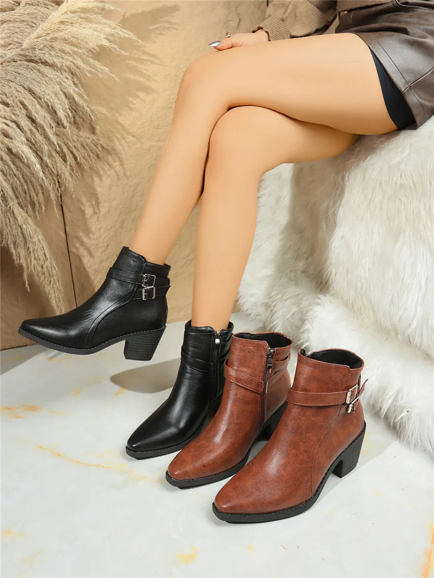 Retro Belt Buckle Women Short Ankle Boots Plus Size 43 Autumn Zipper Soft Leather Square Heel Ladies Pointed Toe Party Shoes New
