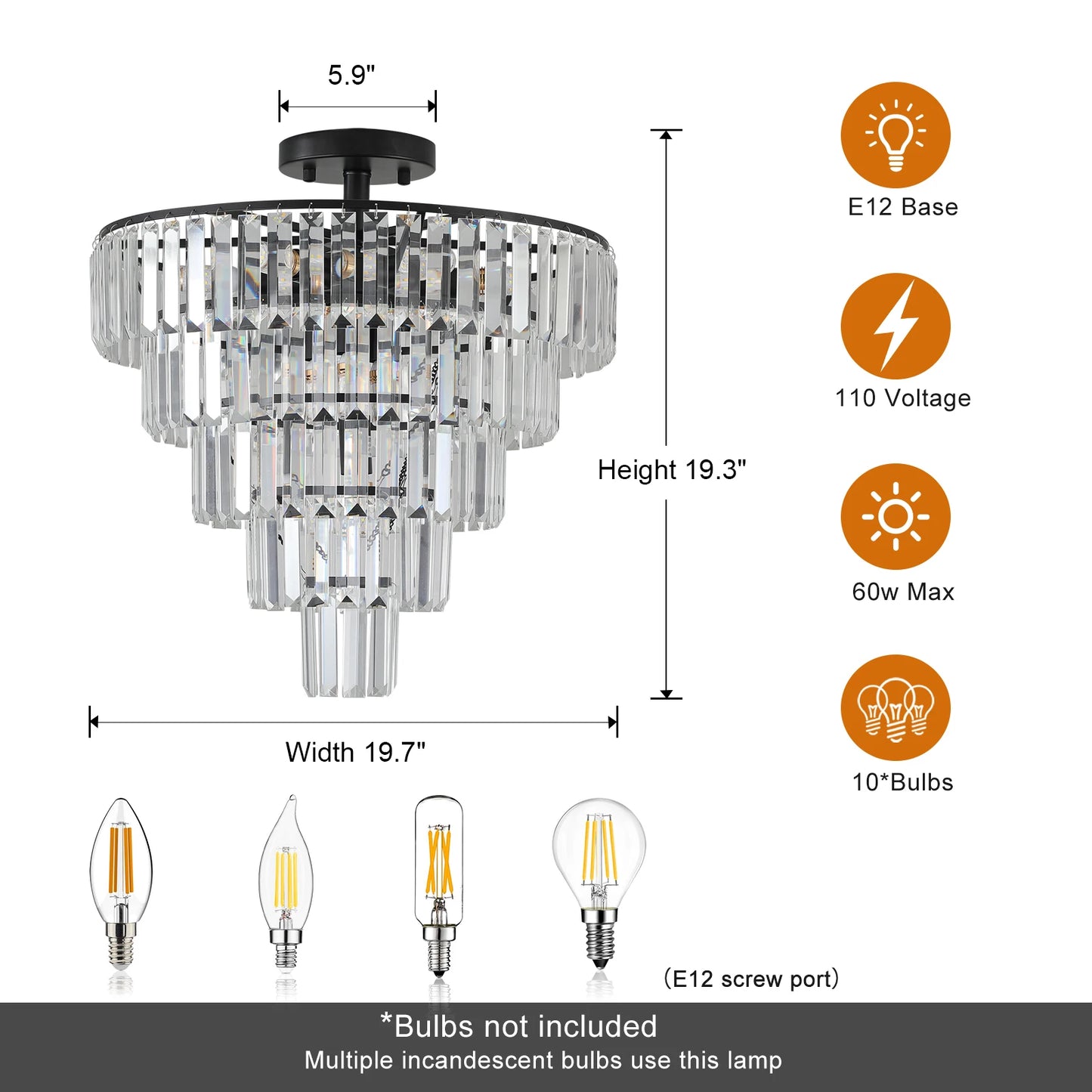 20" Black Crystal Chandelier Ceiling Light, Modern Luxury 10-Light Flush Mount Light Fixture, Elegant Home Lighting