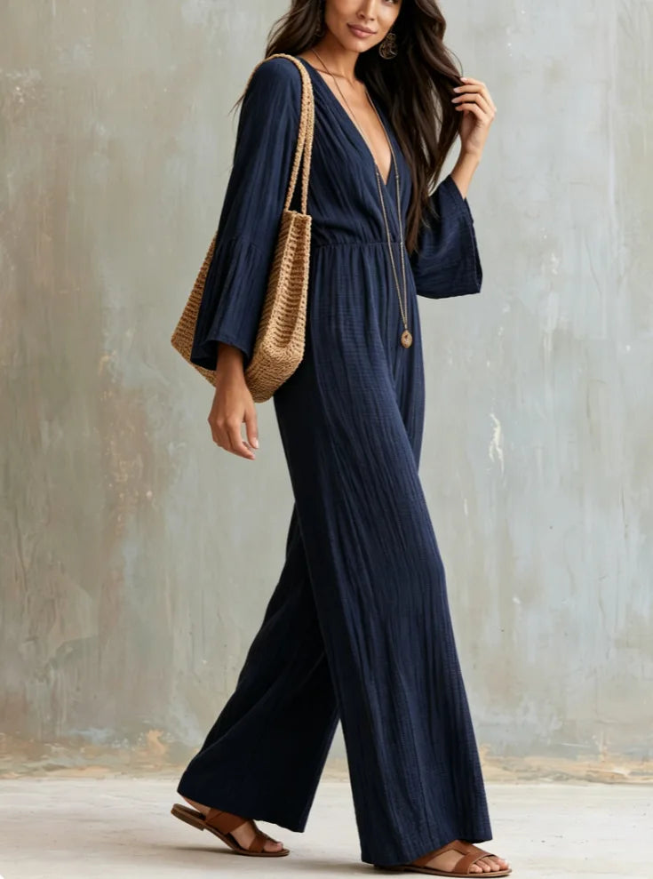 Women Sexy Deep V Neck Flare Sleeve Jumpsuits Spring Autumn Solid Crinkle High Waist Loose Casual Holiday Wide Leg Pants Romper
