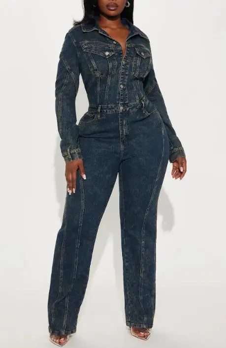 Jumpsuit Women 2026 New Spring Autumn Turn-Down Collar Long Sleeved Pocket Design High Waist Streetwear Casual Denim Jumpsuit