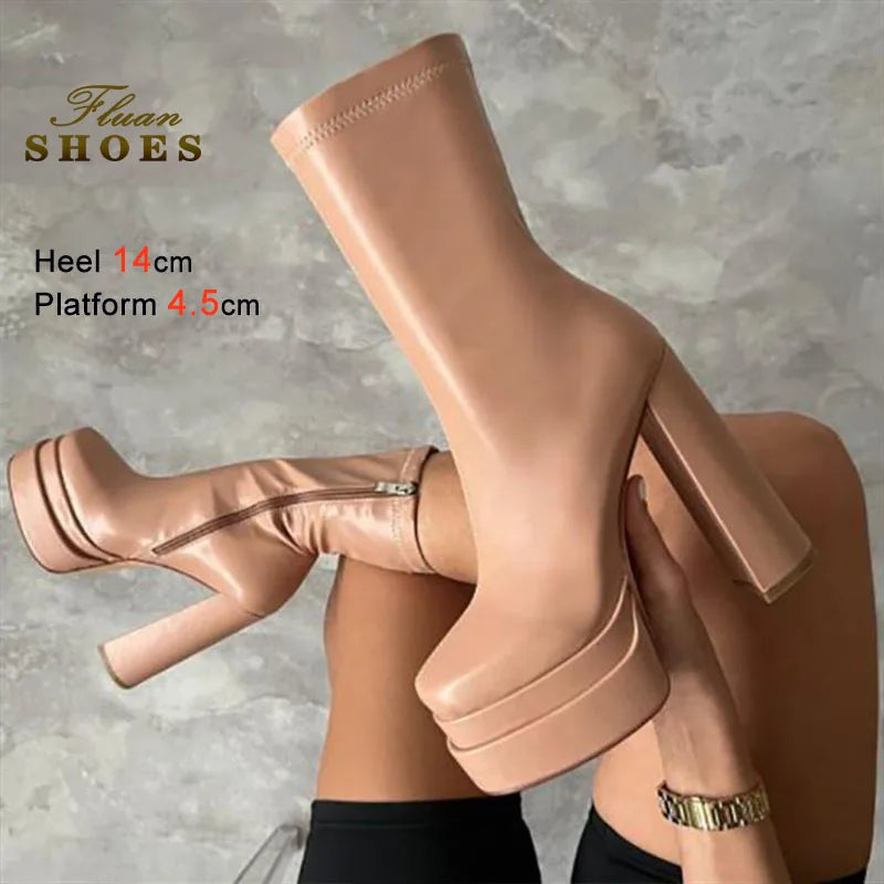 Foreign Trade Women's Shoes Fashion Super High Heels Platform Short Boots New Chunky Heel Mid-calf Boots Casual Ankle Boots CD