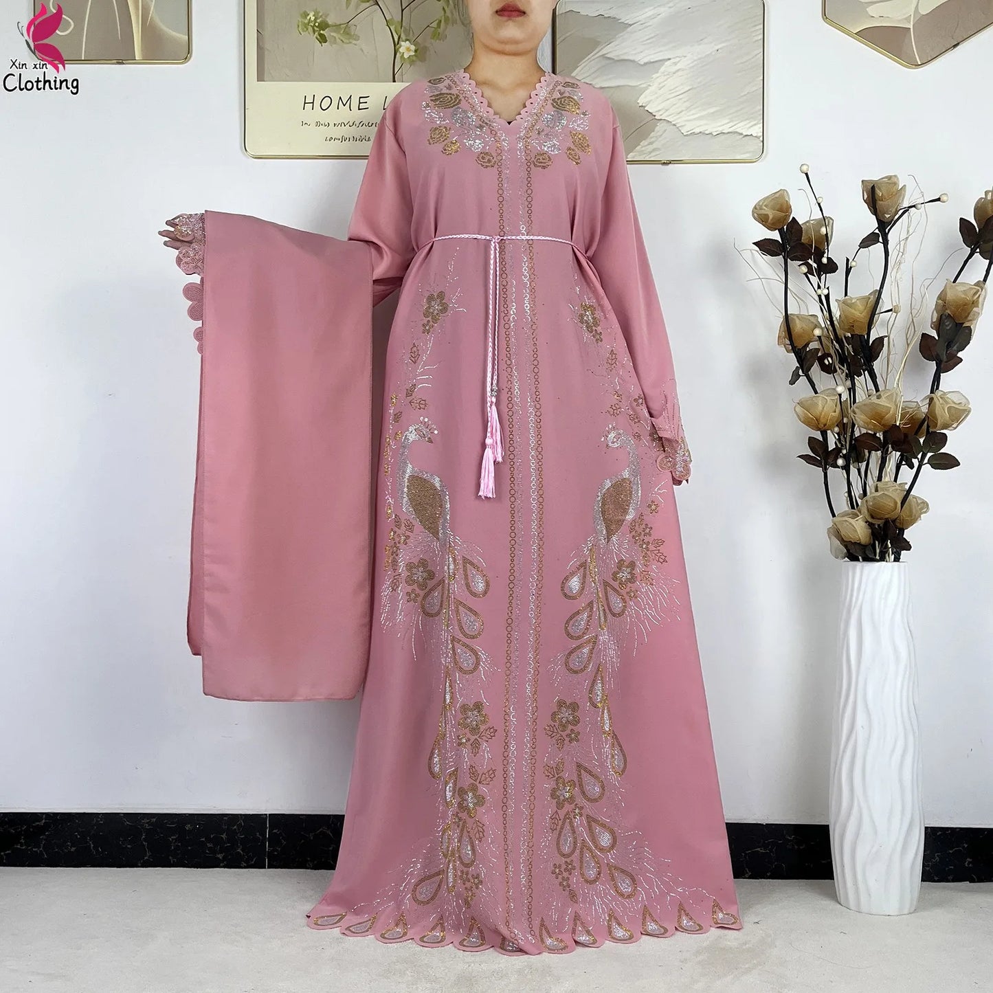 2026New Dubai Muslim Women Modest Dress Diamond Chiffon Elegant Arabic Femme Hijab African Abaya Islamic Long Sleeve Turkey Robe