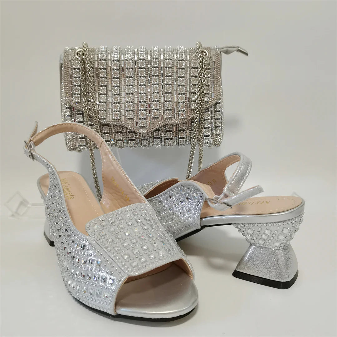 Hot Selling Blue Mid Heel Women Crystal Design Sandal with Rhinestone Bag Set For Lady Party Rhinestone Sandal Shoes F1207-3