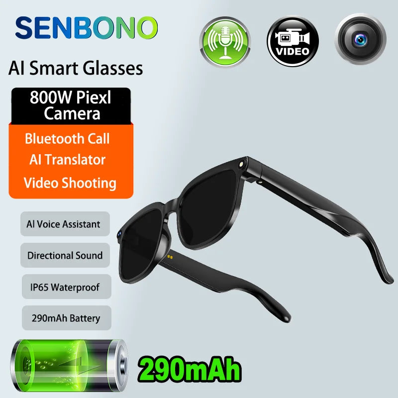 SENBONO NEW Smart Glasses with 800W Piexl Camera AI Translator Sunglasses Bluetooth Call Take Video Smart Glasses for Men Women