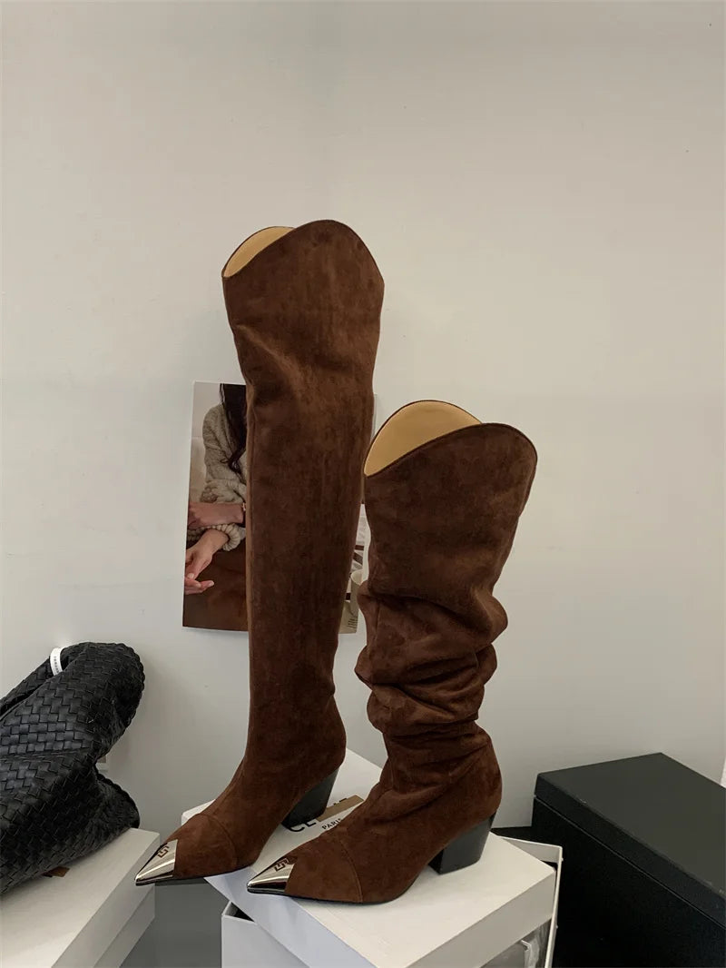 ZAROY Punk Metal Pointed Toe Knee High Boots Women Winter Retro Leopard Print Square Low Heels Pleated Western Cowboy Long Botas