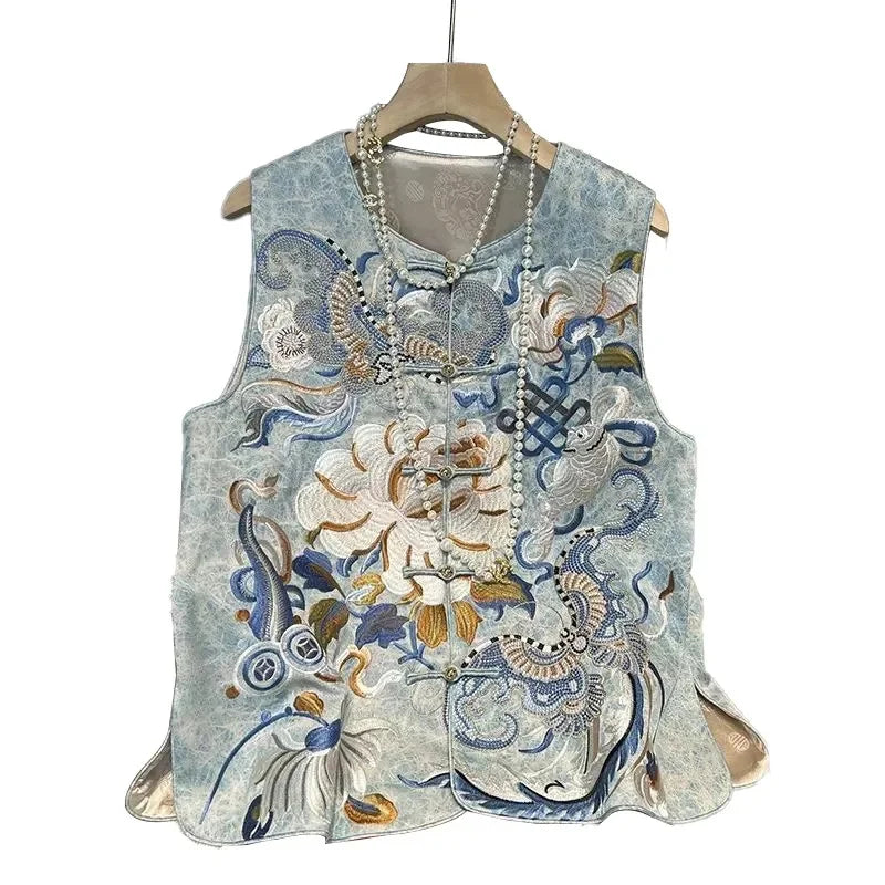 New Chinese Style Double-layer Warm Vest With Round Neck Heavy-duty Embroidery Buckle And Camisole Versatile And Versatile