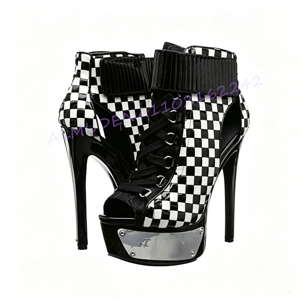 Women Open Toe Ankle Boots Platform Stiletto High Heels Lace Up Checkerboard Pattern Chunky Sole Party Shoes Statement Footwear