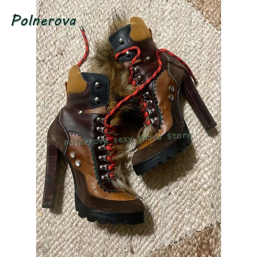 Faux Fur Cross Tied Fashion Boots 2026 New Arrivals Round Toe Toe Strange Style Mixed Colors Women Sexy Mid-Calf Boots Trend