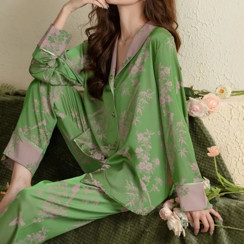 Women Pajamas Set Large Collar Green Cardigan Home Wear Two-Piece Long-Sleeved Outside Ladies Ice Silk Sleepwear Spring Autumn