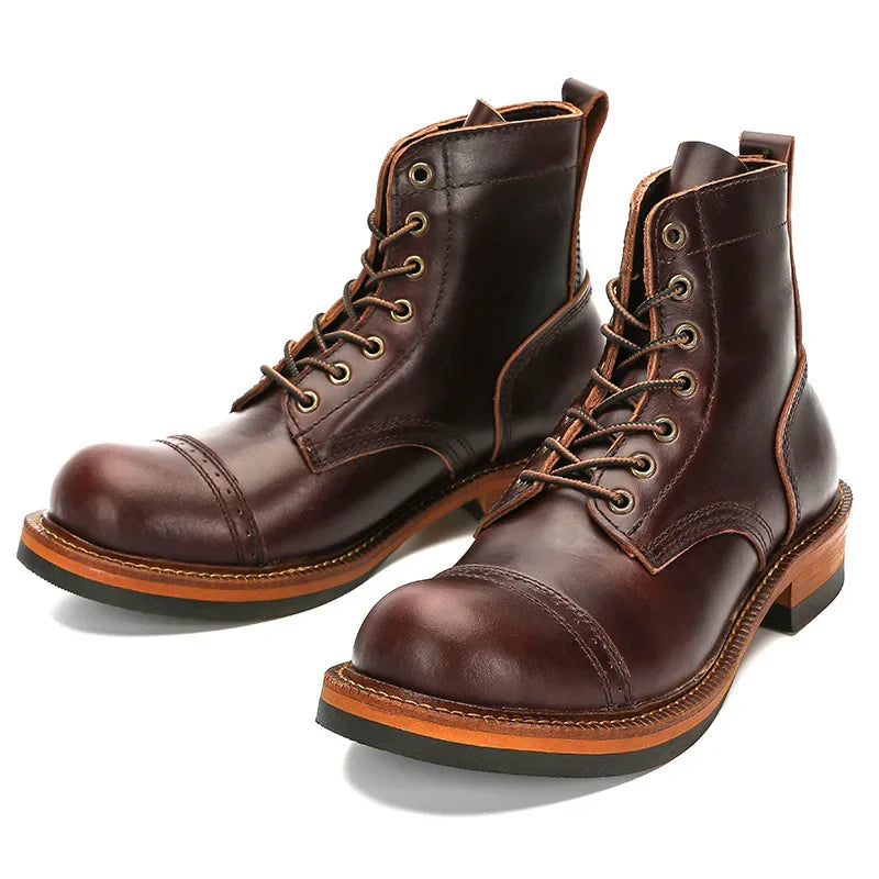 Retro Short Face Men's Winter Wear-resistant Top Layer Cowhide Short Motorcycle Boots