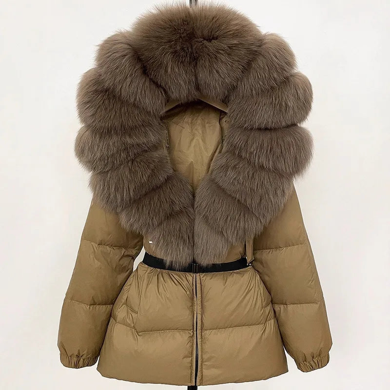 Hot Sale Women Luxury Black Down Jacket Waist‑Cinched Design High‑End Elegant Real Big Fox Fur Hooded Collar Winter Outerwear