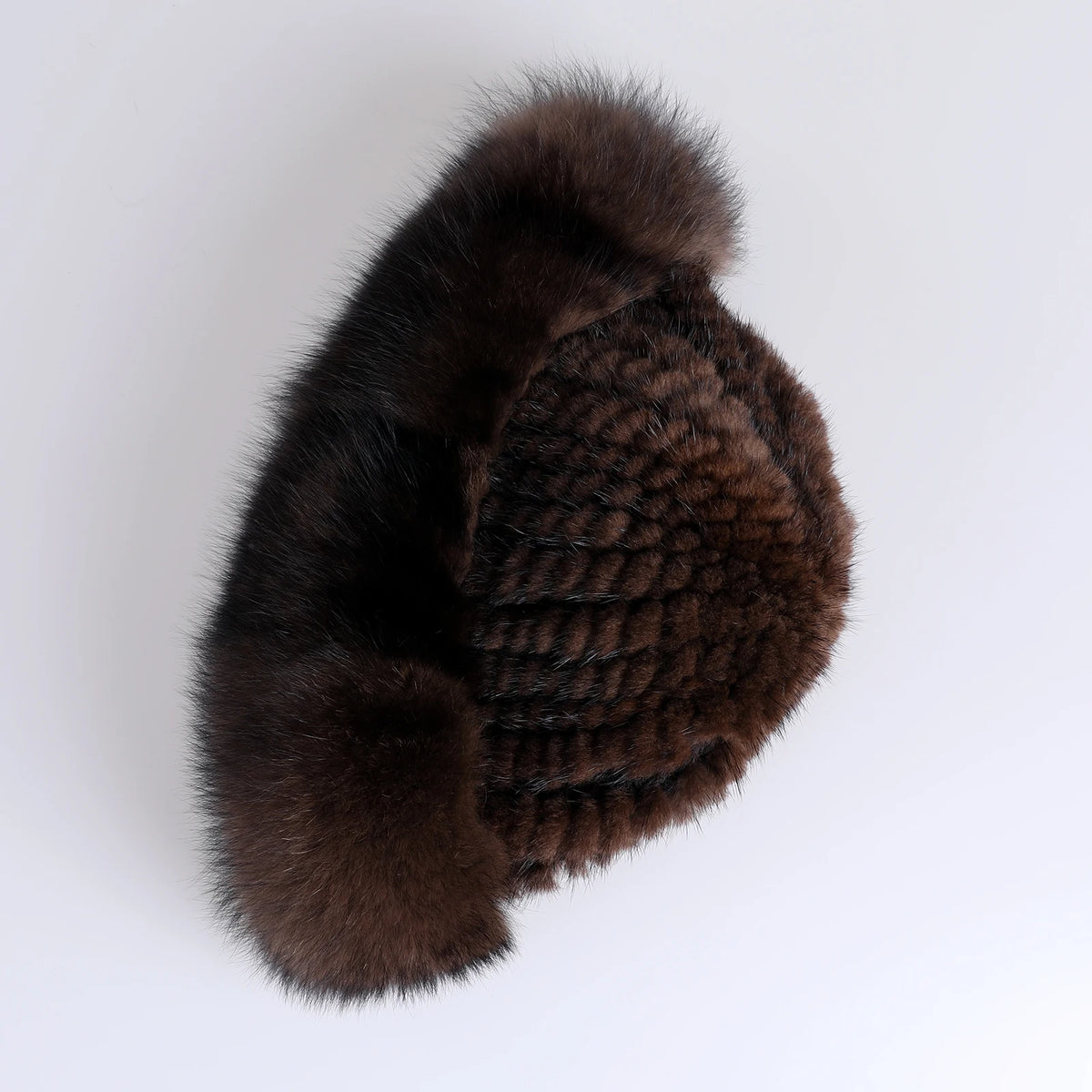Women's Winter Warm Genuine Premuim Mink Fur Knitted Bucket Hat Furry Real Fur Caps Big Fox Fur Trim Brim Adjustable