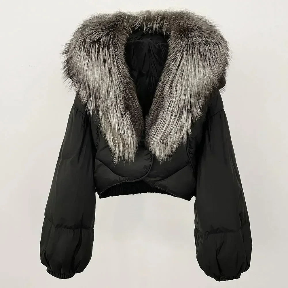 Winter Female White Duck Down Jacket Luxury Loose Short Fashion Casual Women Warm Real Fox Fur Coat Long Sleeve Puffer Jacket