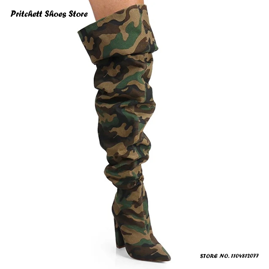 Camouflage Pleated Over-the-knee Boots Pointed Toe Chunky Heel Spring Summer Women's Shoes Street Style Pull On Thigh Boots