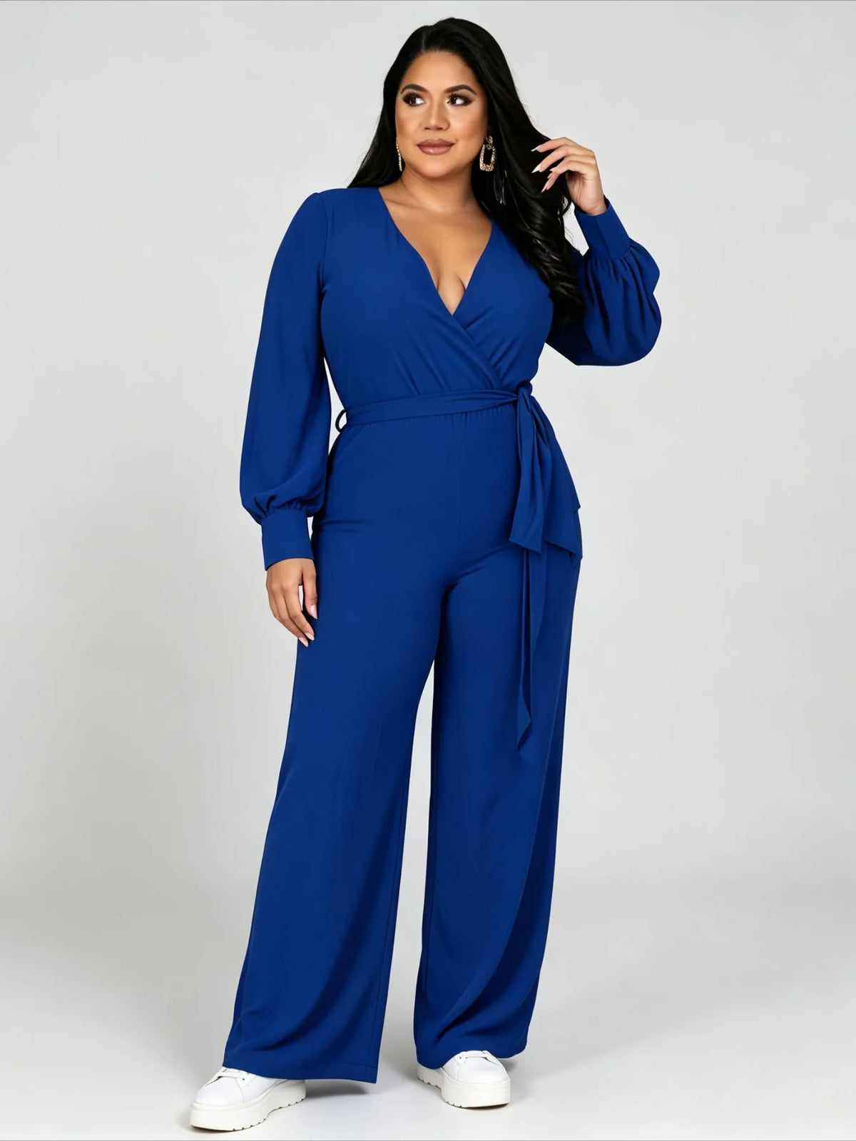 OverSize Womens Loose Solid V Neck Jumpsuit Straight Leg Design Adjustable Tie Waist Belt Elegant Casual And Work Outfit
