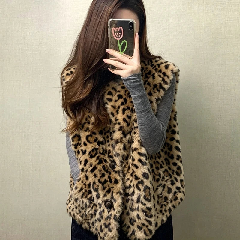 Faux Fur Y2K Leopard Vest Women Loose Vintage Winter Warm O Neck Streetwear Vests Casual Harajuku American Retro Lady Vest Coat