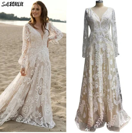 Bohemian Long Puffy Sleeves Elopement Bridal Gowns Allover Lace Wedding Dress A Line V Neck Tassel Boho Beach Bride Dresses