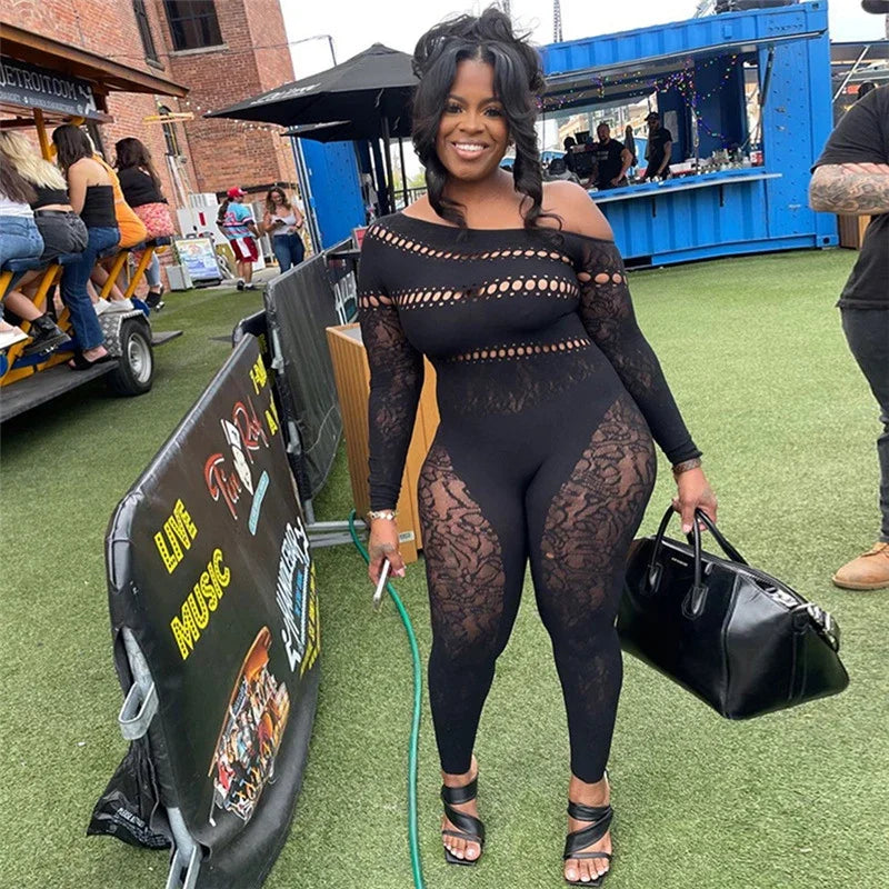Black Night Party Lace Jumpsuits Woman Long Sleeve Skew Collar Hollow Out Patchwork Skinny One Pieces Rompers Womens Jumpsuit