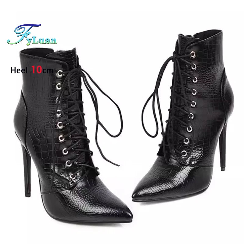 12CM Stiletto Heels Botas Mujer Fashion Pointed Lace-up Ankle Boots Roman Ladies Shoes Autumn Winter Women Emboss Short Booties