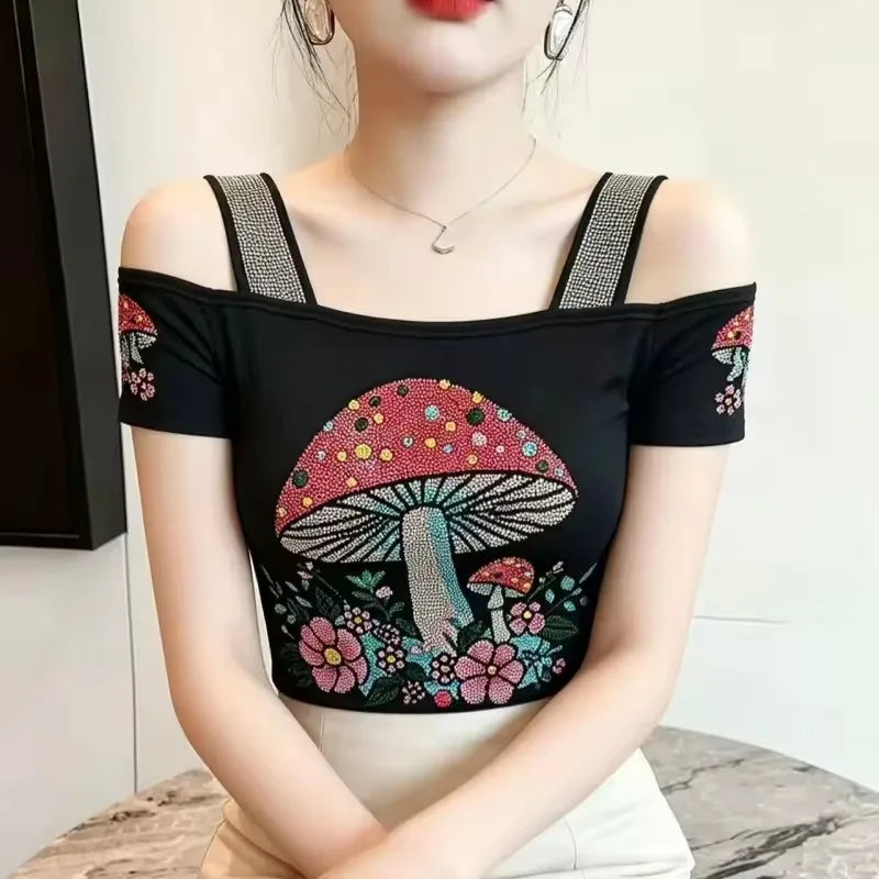 High Quality Elasticity Clothes Fashion T-Shirts Women's Sexy Off Shoulder Shiny Diamonds Mesh Tops Summer Tees Shirt
