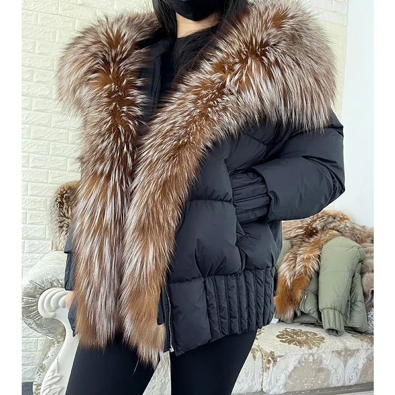 MMK 2023 Winter Women Warm White Duck Down Jacket Natural Real Fox Fur Collar Hood Puffer Coat Thick Luxury Outerwear