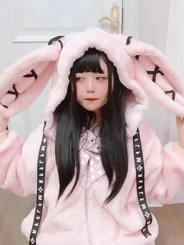 Mauroicardi Autumn Winter Sweet Cute Kawaii Soft Thick Warm Black Faux Fur Coat Women with Bunny Ears Cute Fluffy Jacket Hoodie