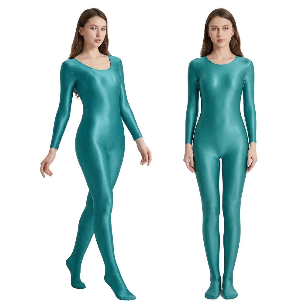 Women's Smooth Glossy High-Elastic Round Neck One Piece Catsuit Long Sleeve Zentai Jumpsuits Cosplay Performance Tights Bodysuit