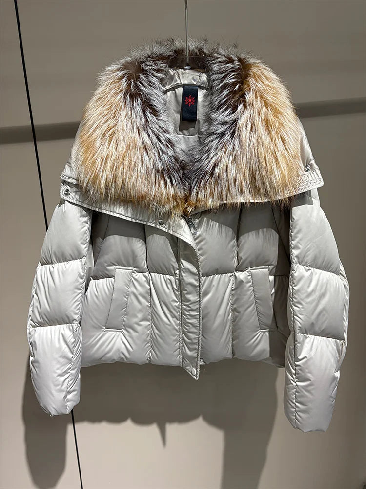 2026 New Winter Warm Women White Goose Down Jacket Real Large Fox Fur Collar Loose Short Puffer Coat Ladies Parka Outerwear