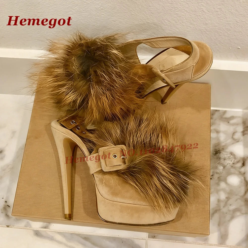 Fluffy Fur Platform Buckled Sandals Round Toe Stiletto High Heels Slingback Women's Sandals Side Air Autumn Suede Patchwork Shoe