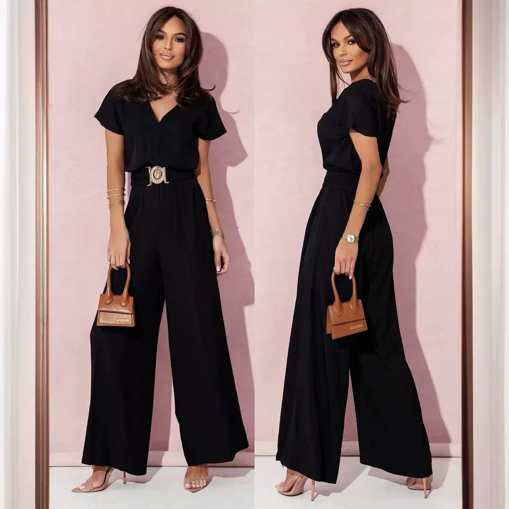 Fashion V-neck Short Sleeve High Waist Jumpsuit Women 2026 Summer Solid Wide Leg Elegant Romper Vintage Jumpsuits Overalls Women