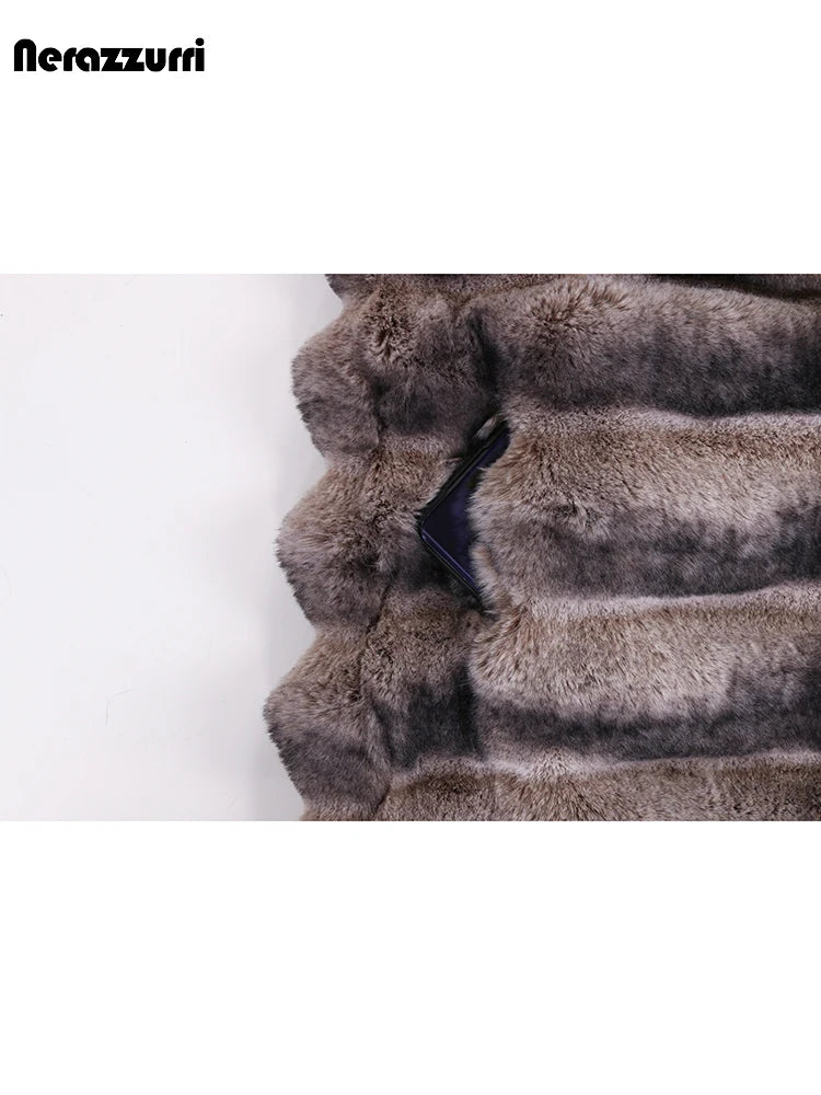 Nerazzurri Winter Extra Long Thick Warm Colorful Soft Striped Fluffy Faux Chinchilla Fur Coat Women Shawl Collar Furry Overcoat