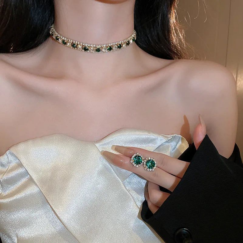 FYUAN Luxury Crystal Necklace Earrings Set Pink ABcolourful Necklace for Women Weddings Party Jewelry Sets Accessories