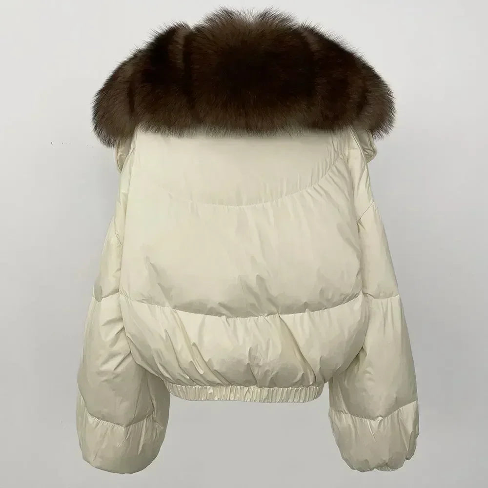 Winter Female White Duck Down Jacket Luxury Loose Short Fashion Casual Women Warm Real Fox Fur Coat Long Sleeve Puffer Jacket
