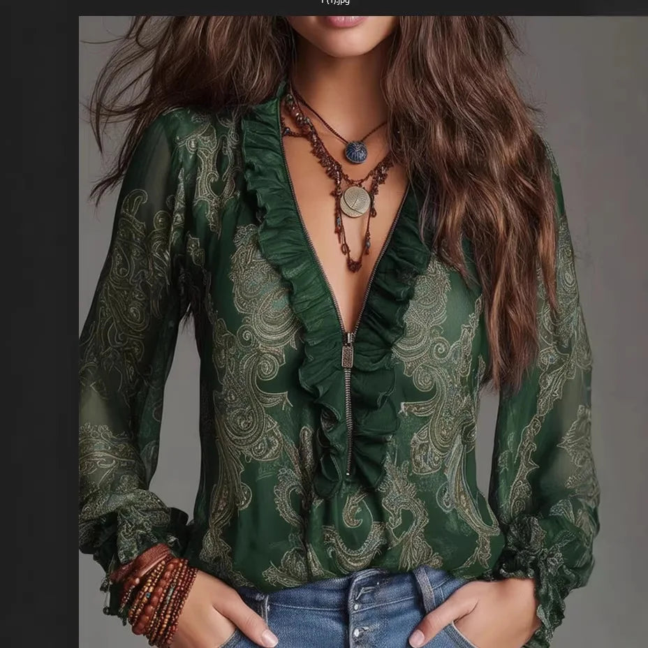 Spring And Autumn New Arrival Women's V Neck Ruffle Printed Shirt Elegant Retro Loose Slimming Commute Versatile Long Sleeve Top