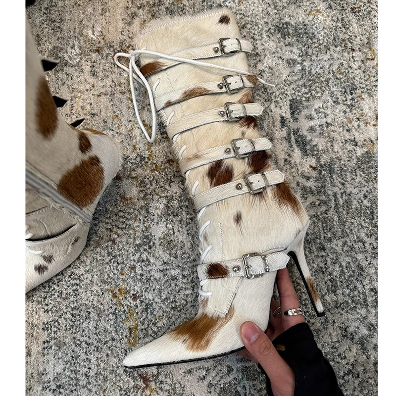 High Qaulity Horsehair Patchwork Thin High Heel Long Boots Women Pointed Toe Lace Up Sexy Fashion Women Boots For 2025 Autumn