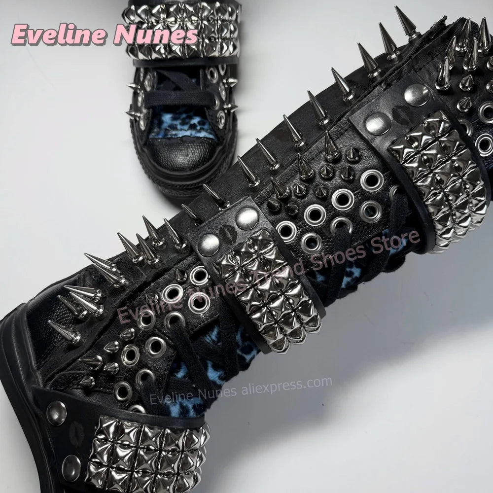 Blue Leopard Print Platform Knee High Boots Metal Spikes and Studs Decor Multi Strap Design Punk Goth Canvas Shoes 2026 Trend